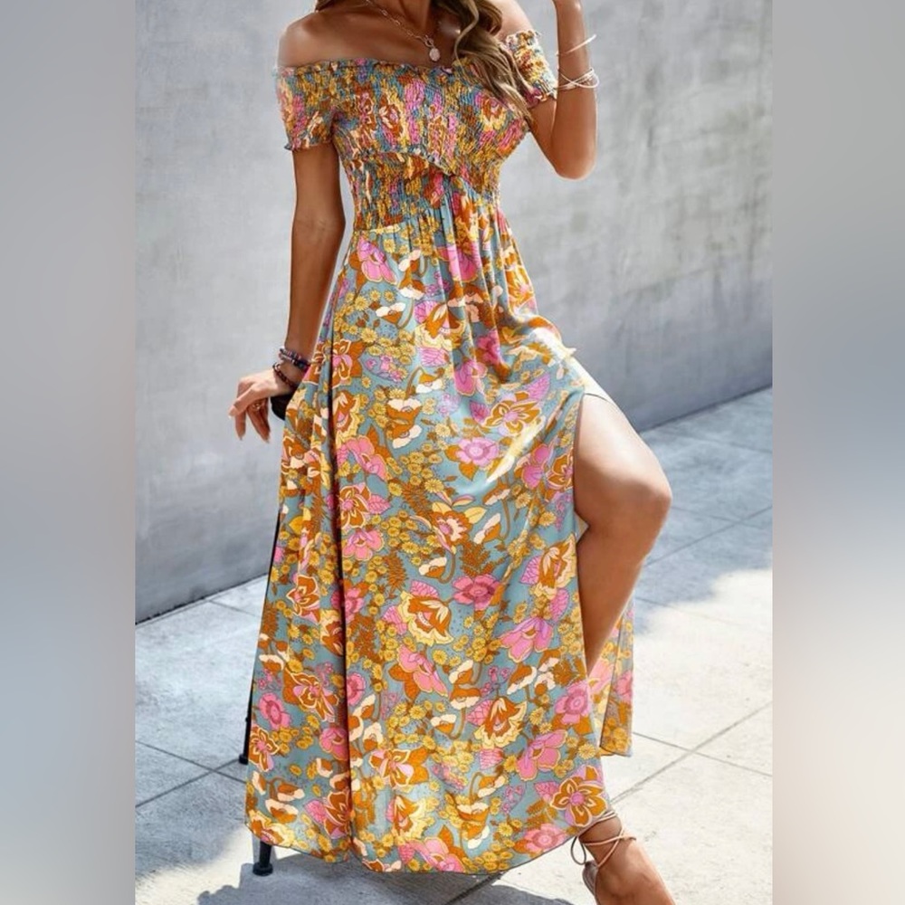 SHEIN Allover Floral Print Bardot Crossover Shirred Dress